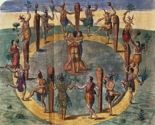 Dança ritual indiana da aldeia de Secoton, ilustração de livro, c.1570-80 (ver 87469)